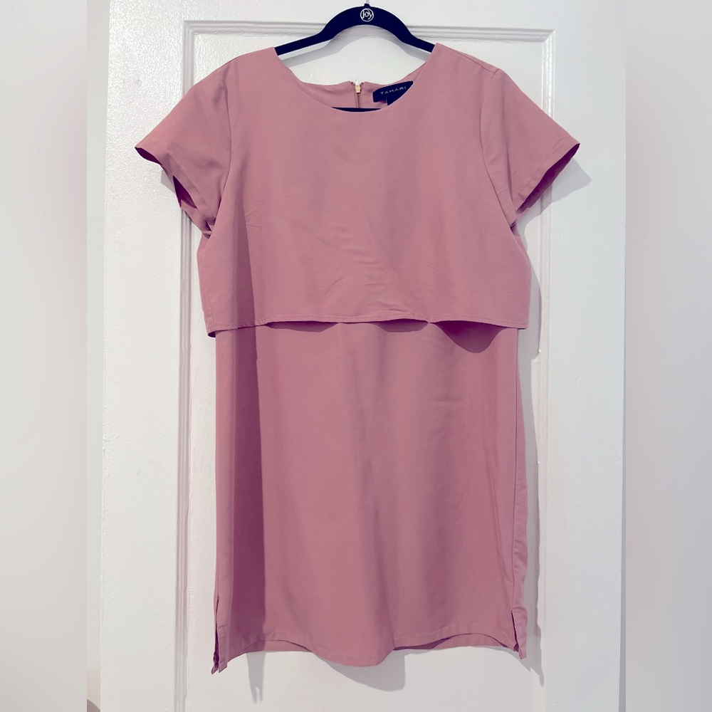 Pink mini shift dress.